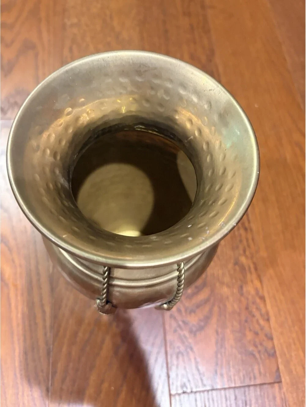 Vintage Solid Hammered Brass Vase w/ Brass Rope & Tassels Patina 10” Rustic